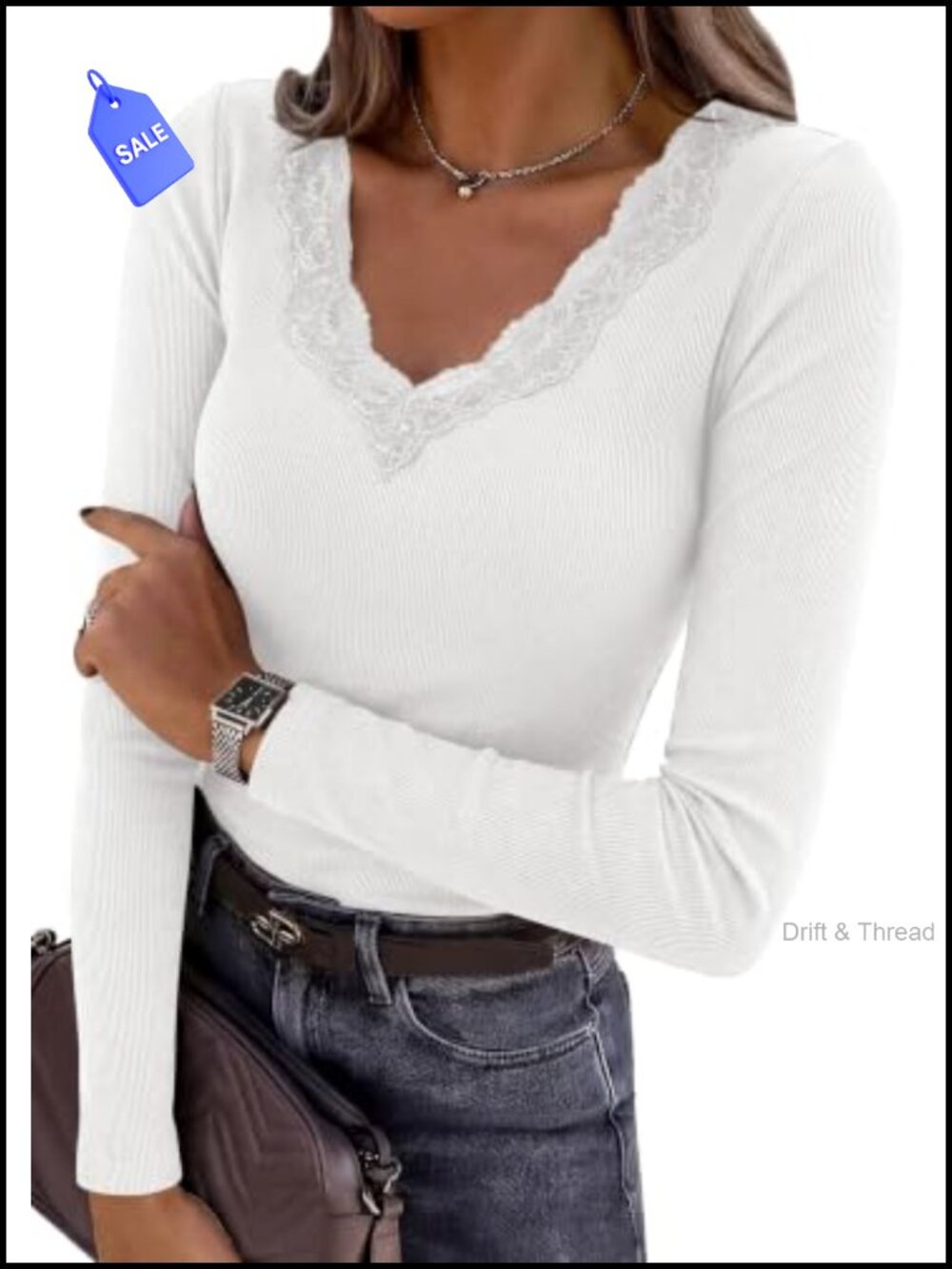 Women's V-Neck Long Sleeve Fitted Ribbed Knit Lace Tee